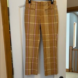 Anthropologie tan and golden yellow plaid cigarette pants with good stretch.